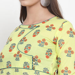 Indibelle Women Lemon Yellow Cotton Foil Print Straight Kurta