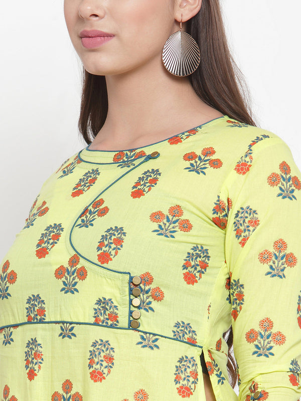 Indibelle Women Lemon Yellow Cotton Foil Print Straight Kurta