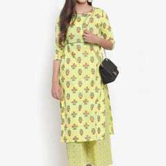 Indibelle Women Lemon Yellow Cotton Foil Print Straight Kurta