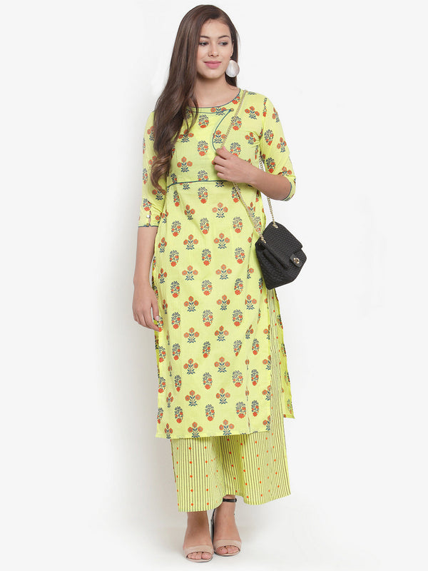 Indibelle Women Lemon Yellow Cotton Foil Print Straight Kurta