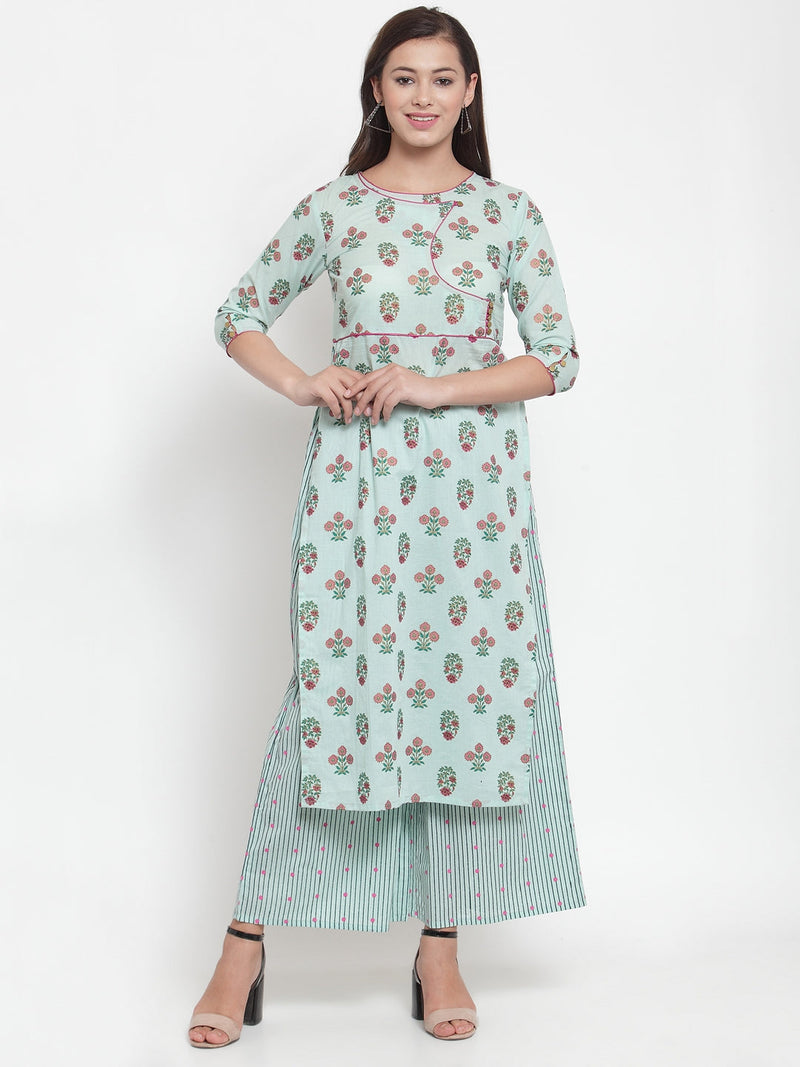 Indibelle Women Sea Green Cotton Foil Print Straight Kurta