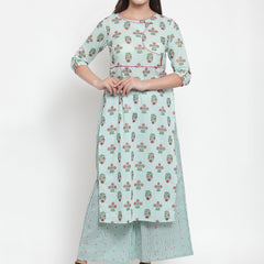 Indibelle Women Sea Green Cotton Foil Print Straight Kurta