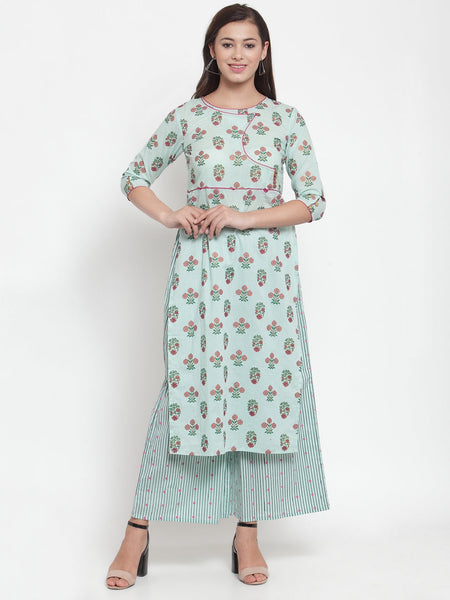 Indibelle Women Sea Green Cotton Foil Print Straight Kurta