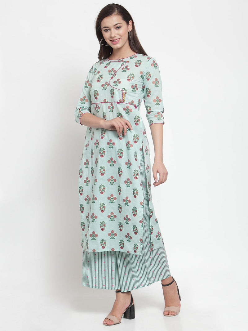 Indibelle Women Sea Green Cotton Foil Print Straight Kurta