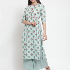 Indibelle Women Sea Green Cotton Foil Print Straight Kurta
