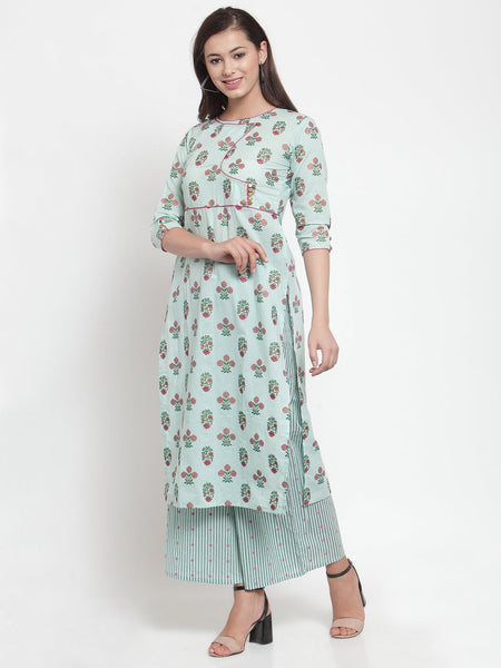 Indibelle Women Sea Green Cotton Foil Print Straight Kurta