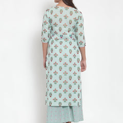 Indibelle Women Sea Green Cotton Foil Print Straight Kurta