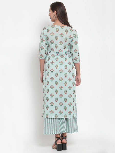 Indibelle Women Sea Green Cotton Foil Print Straight Kurta