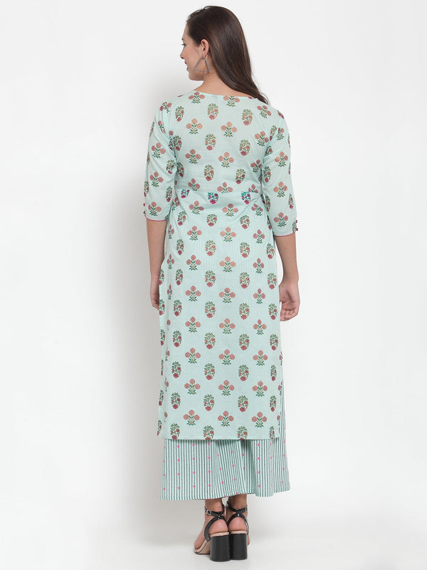 Indibelle Women Sea Green Cotton Foil Print Straight Kurta