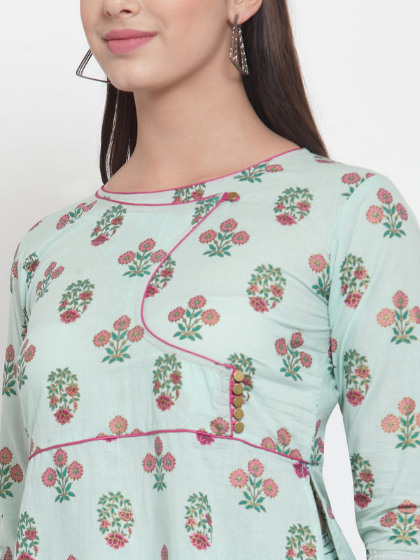 Indibelle Women Sea Green Cotton Foil Print Straight Kurta set