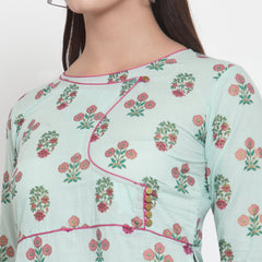 Indibelle Women Sea Green Cotton Foil Print Straight Kurta