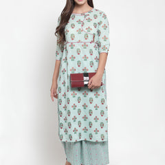 Indibelle Women Sea Green Cotton Foil Print Straight Kurta