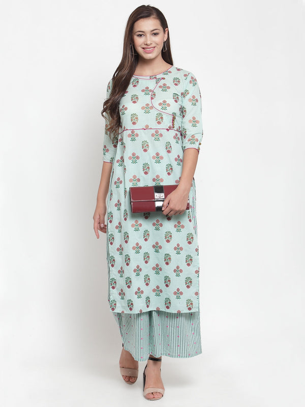 Indibelle Women Sea Green Cotton Foil Print Straight Kurta set