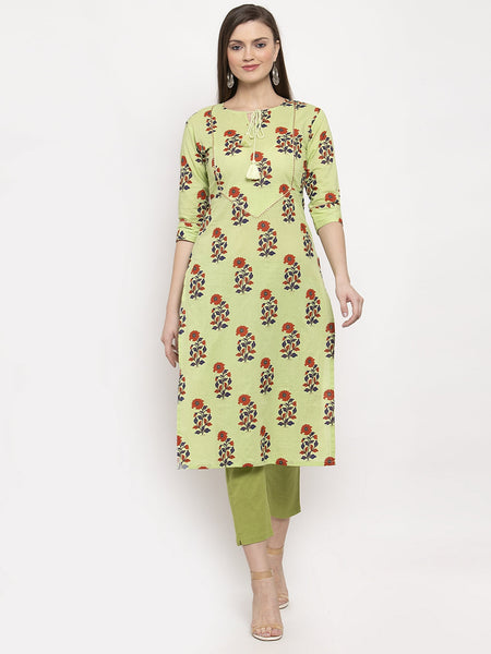 Indibelle Cotton Tie-Up Floral Print Straight Kurta (Green)