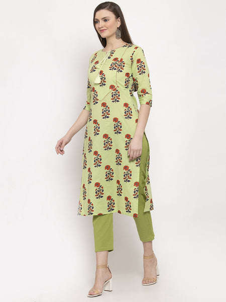 Indibelle Cotton Tie-Up Floral Print Straight Kurta (Green)