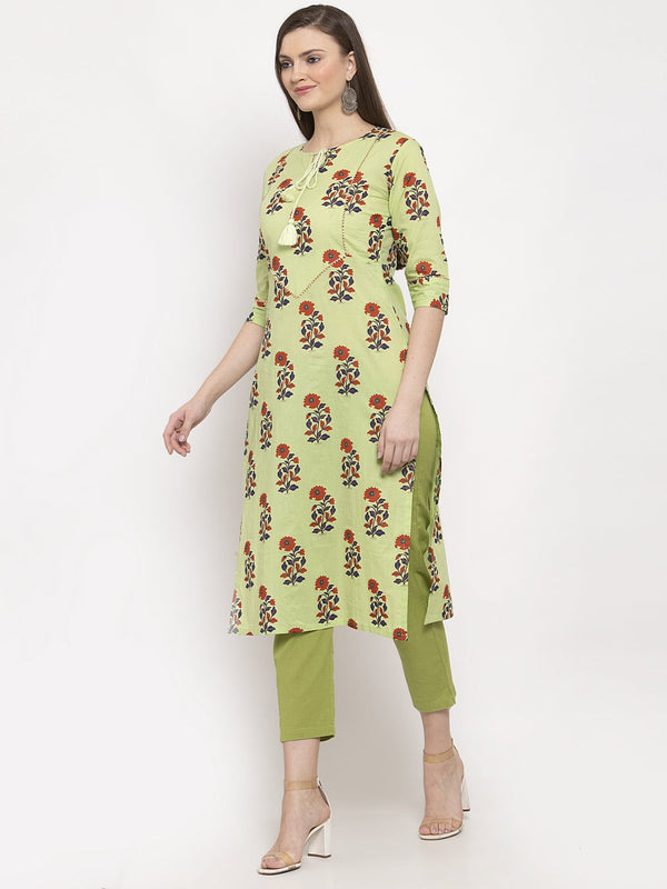 Indibelle Cotton Tie-Up Floral Print Straight Kurta (Green)