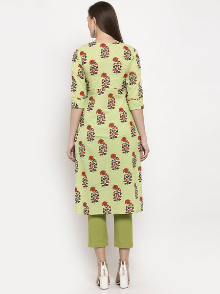 Indibelle Cotton Tie-Up Floral Print Straight Kurta (Green)