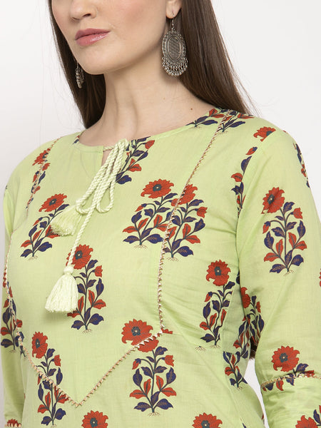 Indibelle Cotton Tie-Up Floral Print Straight Kurta (Green)