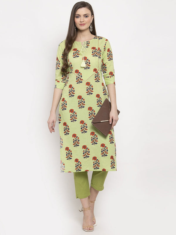 Indibelle Cotton Tie-Up Floral Print Straight Kurta (Green)