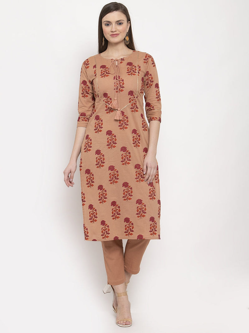 Indibelle Cotton Peach Floral Print Straight Kurta
