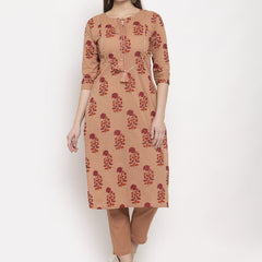 Indibelle Cotton Peach Floral Print Straight Kurta
