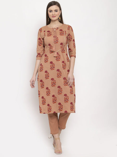 Indibelle Cotton Peach Floral Print Straight Kurta