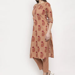 Indibelle Cotton Peach Floral Print Straight Kurta