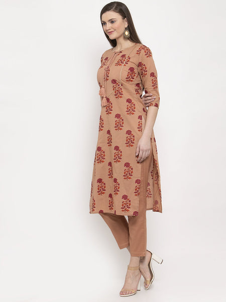 Indibelle Cotton Peach Floral Print Straight Kurta