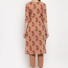 Indibelle Cotton Peach Floral Print Straight Kurta