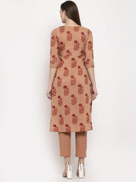 Indibelle Cotton Peach Floral Print Straight Kurta
