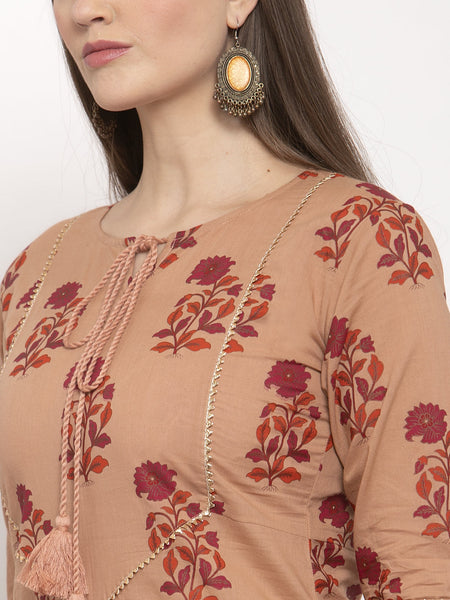 Indibelle Cotton Peach Floral Print Straight Kurta