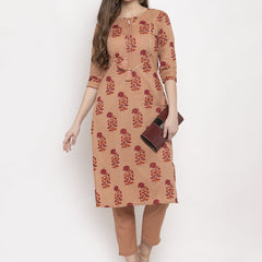 Indibelle Cotton Peach Floral Print Straight Kurta