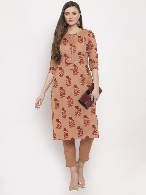 Indibelle Cotton Peach Floral Print Straight Kurta