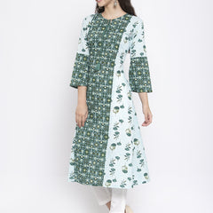 Indibelle Cotton Green Floral Print A-Line Kurta set