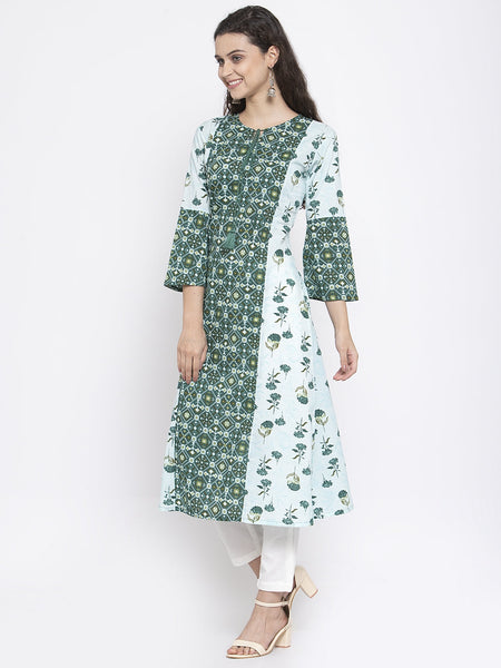Indibelle Cotton Green Floral Print A-Line Kurta set
