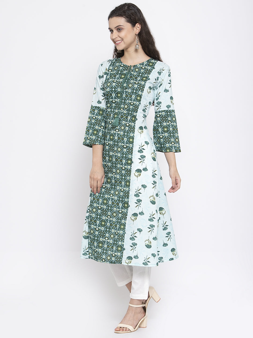 Indibelle Cotton Green Floral Print A-Line Kurta set