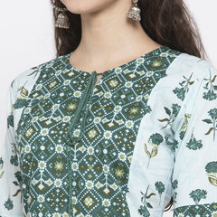 Indibelle Cotton Green Floral Print A-Line Kurta set
