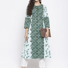 Indibelle Cotton Green Floral Print A-Line Kurta set