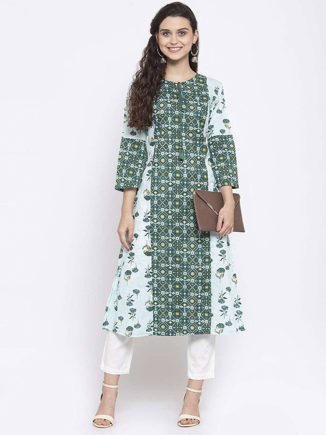 Indibelle Cotton Green Floral Print A-Line Kurta set