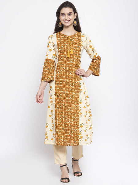 Indibelle Cotton Mustard Floral Print A-Line Kurta