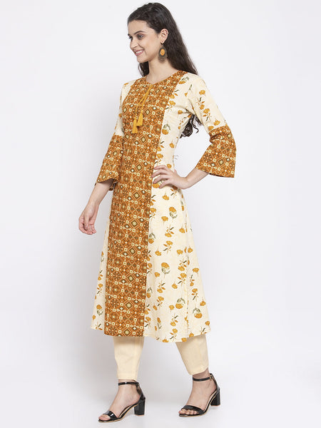 Indibelle Cotton Mustard Floral Print A-Line Kurta