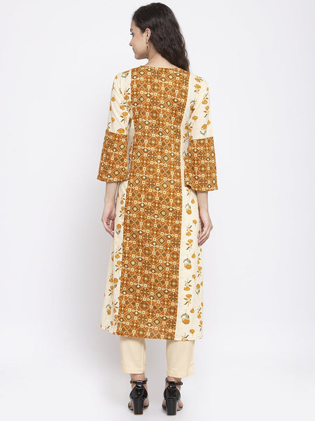 Indibelle Cotton Mustard Floral Print A-Line Kurta