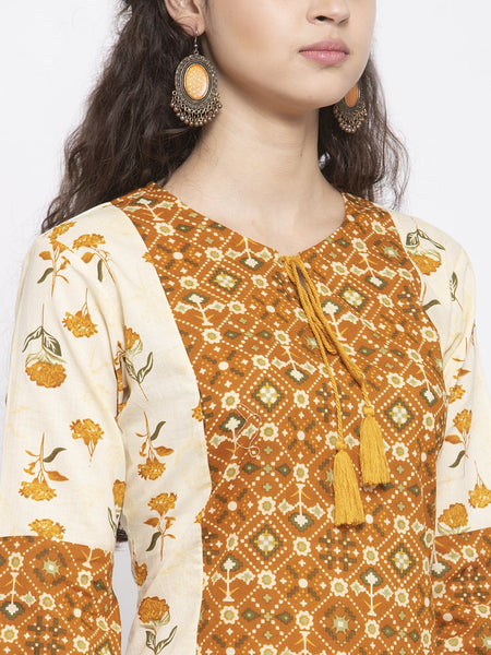 Indibelle Cotton Mustard Floral Print A-Line Kurta