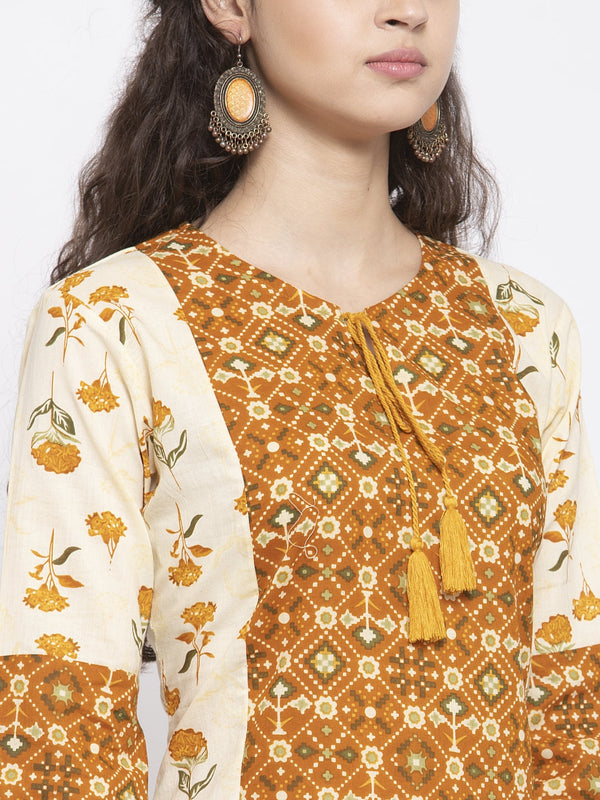 Indibelle Cotton Mustard Floral Print A-Line Kurta