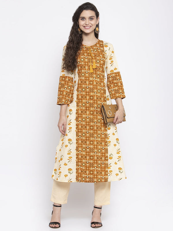 Indibelle Cotton Mustard Floral Print A-Line Kurta