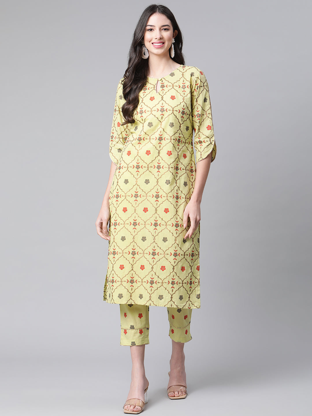 Indibelle Cotton Pista Green Gold Floral Print Straight Kurta