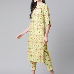 Indibelle Cotton Gold Foil Floral Print Straight Kurta set (Green)