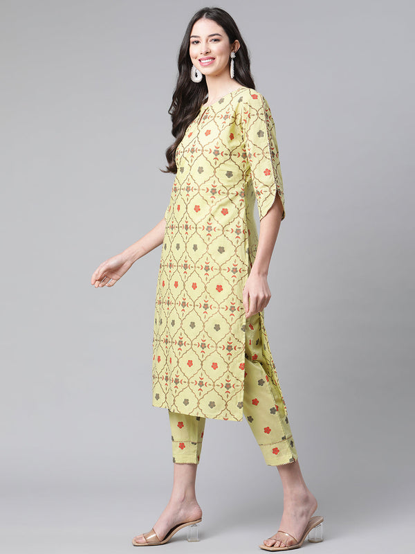 Indibelle Cotton Gold Foil Floral Print Straight Kurta set