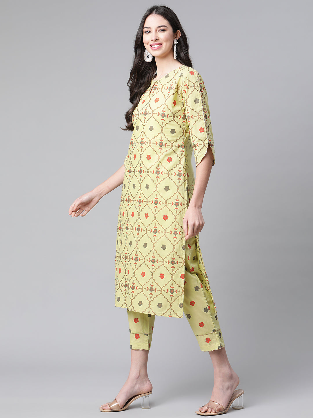 Indibelle Cotton Pista Green Gold Floral Print Straight Kurta