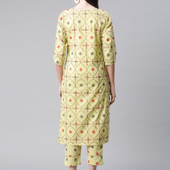 Indibelle Cotton Gold Foil Floral Print Straight Kurta set (Green)